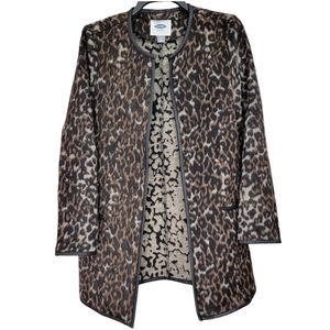 Old Navy Faux Fur Animal Print Faux Leather Trim Open Coatigan Size Small Womens